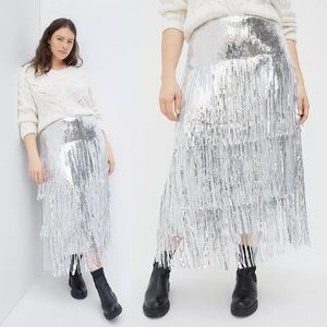 NWT Anthropologie Maeve Plus Tatiana Silver Sequined Fringe Midi Skirt Size 16W